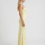 Vestido largo ceñido de satén texturizado con cuello drapeado Aria - Amarillo limón