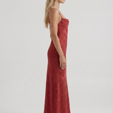 Vestido largo ceñido de satén texturizado con cuello drapeado Aria - Rojo