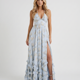 Vestido largo con volantes Bianca - Azul cielo