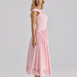 Vestido midi con ojetes y cuello barco Delfina - Rosa