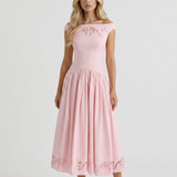 Vestido midi con ojetes y cuello barco Delfina - Rosa
