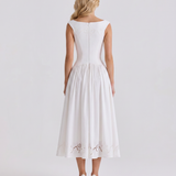Vestido midi con ojetes y cuello barco Delfina - Blanco