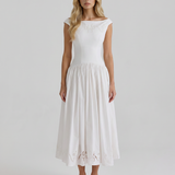 Vestido midi con ojetes y cuello barco Delfina - Blanco