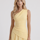 Vestido largo de malla fruncido de un solo hombro Delphine - Amarillo limón