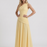 Vestido largo de malla fruncido de un solo hombro Delphine - Amarillo limón