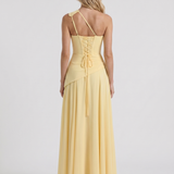 Vestido largo de malla fruncido de un solo hombro Delphine - Amarillo limón