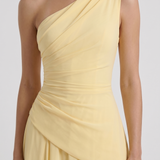 Vestido largo de malla fruncido de un solo hombro Delphine - Amarillo limón