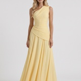 Vestido largo de malla fruncido de un solo hombro Delphine - Amarillo limón