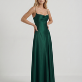 Vestido largo de satén con cuello drapeado Eloise - Verde esmeralda