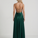 Vestido largo de satén con cuello drapeado Eloise - Verde esmeralda