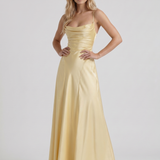 Vestido largo de satén con cuello drapeado Eloise - Amarillo limón