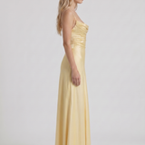 Vestido largo de satén con cuello drapeado Eloise - Amarillo limón