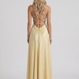 Vestido largo de satén con cuello drapeado Eloise - Amarillo limón