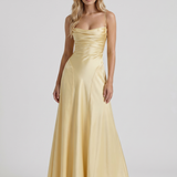 Vestido largo de satén con cuello drapeado Eloise - Amarillo limón