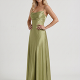 Vestido largo de satén con cuello drapeado Eloise - Verde oliva claro