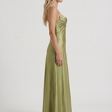 Vestido largo de satén con cuello drapeado Eloise - Verde oliva claro