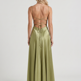 Vestido largo de satén con cuello drapeado Eloise - Verde oliva claro