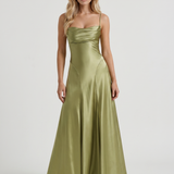 Vestido largo de satén con cuello drapeado Eloise - Verde oliva claro