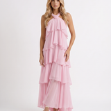 Vestido largo de volantes escalonados Felicia - Rosa