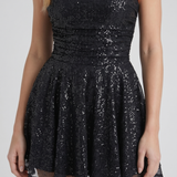 Vestido corto de lentejuelas con brillos palabra de honor Katrina - Negro