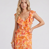 Vestido largo de flores con volantes y escote de pico Marisol - Naranja