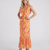 Vestido largo de flores con volantes y escote de pico Marisol - Naranja