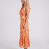 Vestido largo de flores con volantes y escote de pico Marisol - Naranja