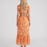 Vestido largo de flores con volantes y escote de pico Marisol - Naranja