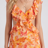 Vestido largo de flores con volantes y escote de pico Marisol - Naranja