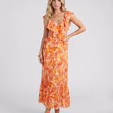 Vestido largo de flores con volantes y escote de pico Marisol - Naranja