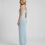 Vestido largo ceñido de lentejuelas con escote redondo Rachel - Azul claro