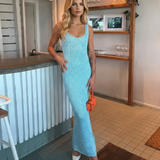 Vestido largo ceñido de lentejuelas con escote redondo Rachel - Azul claro