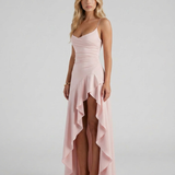 Vestido largo con cuello drapeado Rosalie - Rosa empolvado