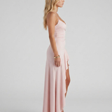 Vestido largo con cuello drapeado Rosalie - Rosa empolvado