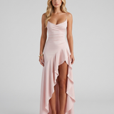 Vestido largo con cuello drapeado Rosalie - Rosa empolvado