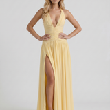 Vestido largo halter fruncido con escote de pico pronunciado Vera - Amarillo limón