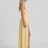 Vestido largo halter fruncido con escote de pico pronunciado Vera - Amarillo limón
