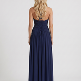Vestido largo halter fruncido con escote de pico pronunciado Vera - Azul marino