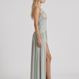 Vestido largo halter fruncido con escote de pico pronunciado Vera - Verde salvia