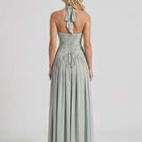 Vestido largo halter fruncido con escote de pico pronunciado Vera - Verde salvia